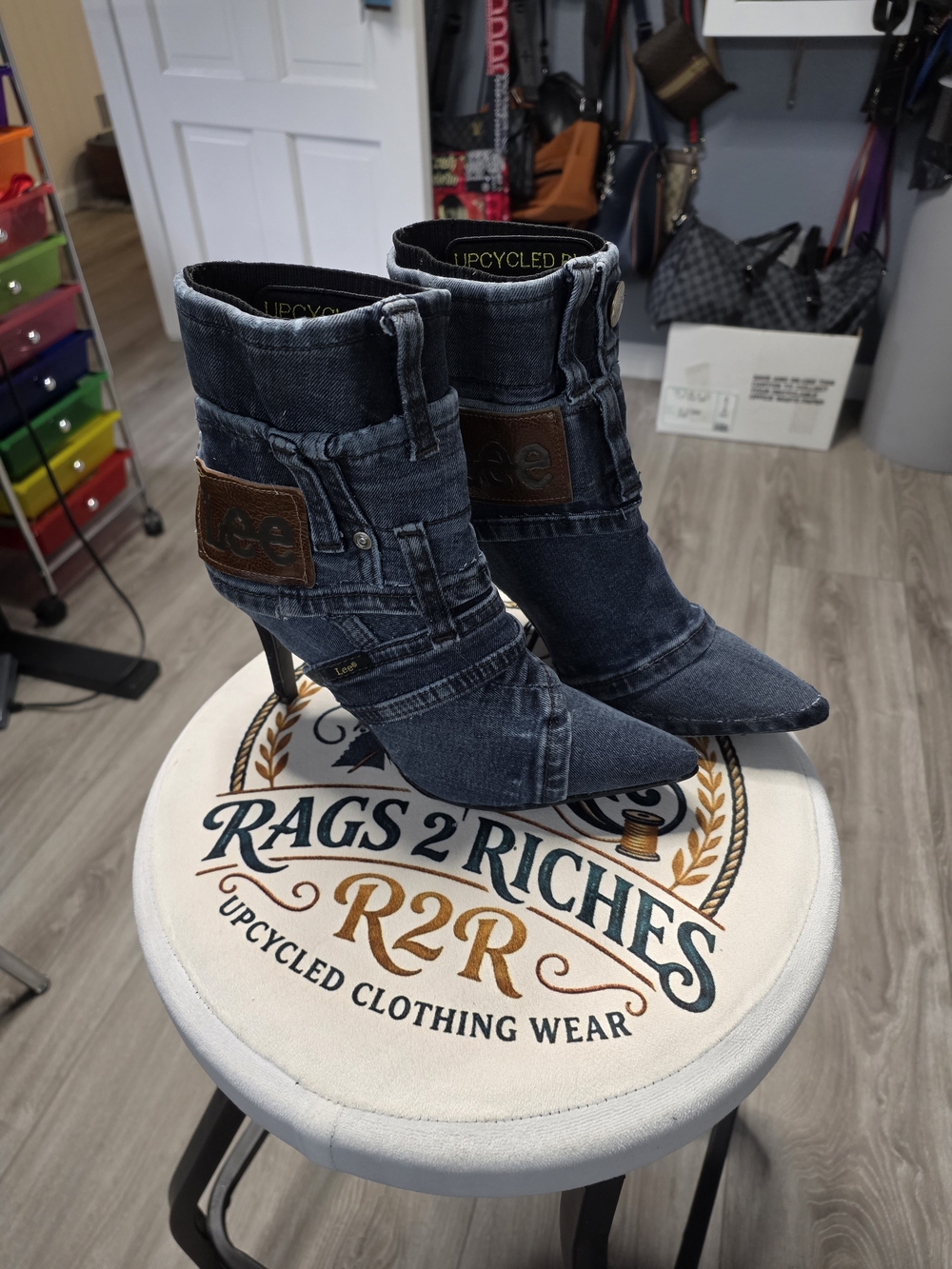 Rags2Riches Upcycled Denim Patchwork Stiletto Boots Size 10 Reworked Vintage Lee